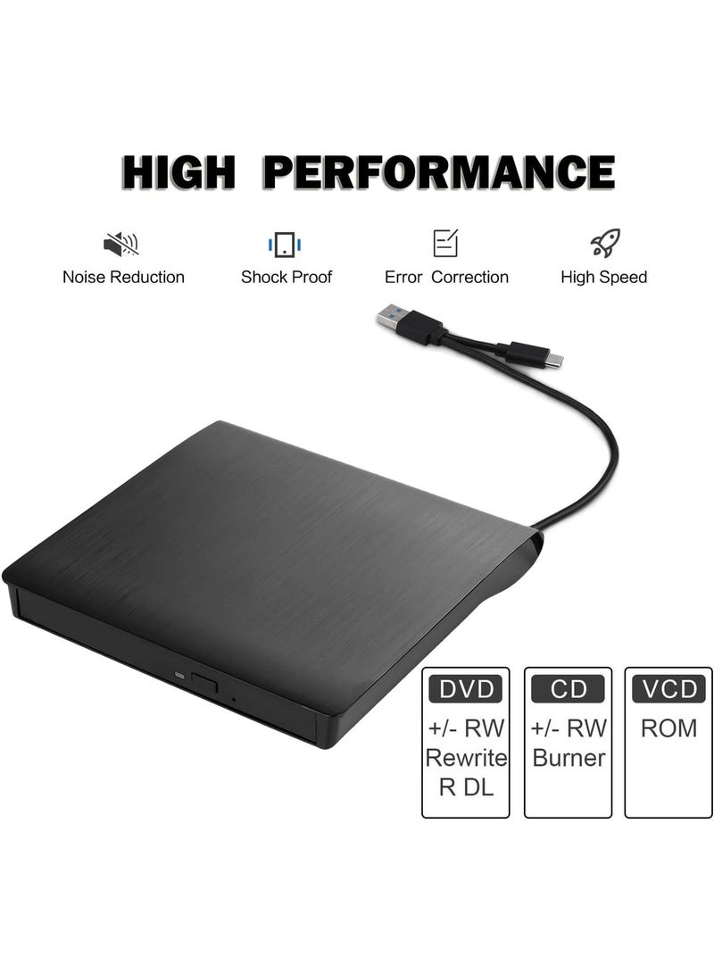 External CD DVD Drive USB 3.0 Type-C Portable Slim DVD/CD ROM +/-RW +/-R Optical Drive Player Reader Writer Burner for PC Laptop Computer Windows 11/10/8/7 (Black) - Image 3